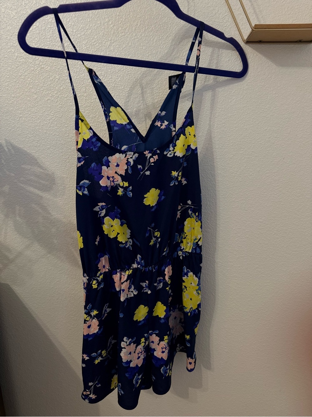 Navy Floral Spaghetti Strap Romper with Yellow & Pink Flowers